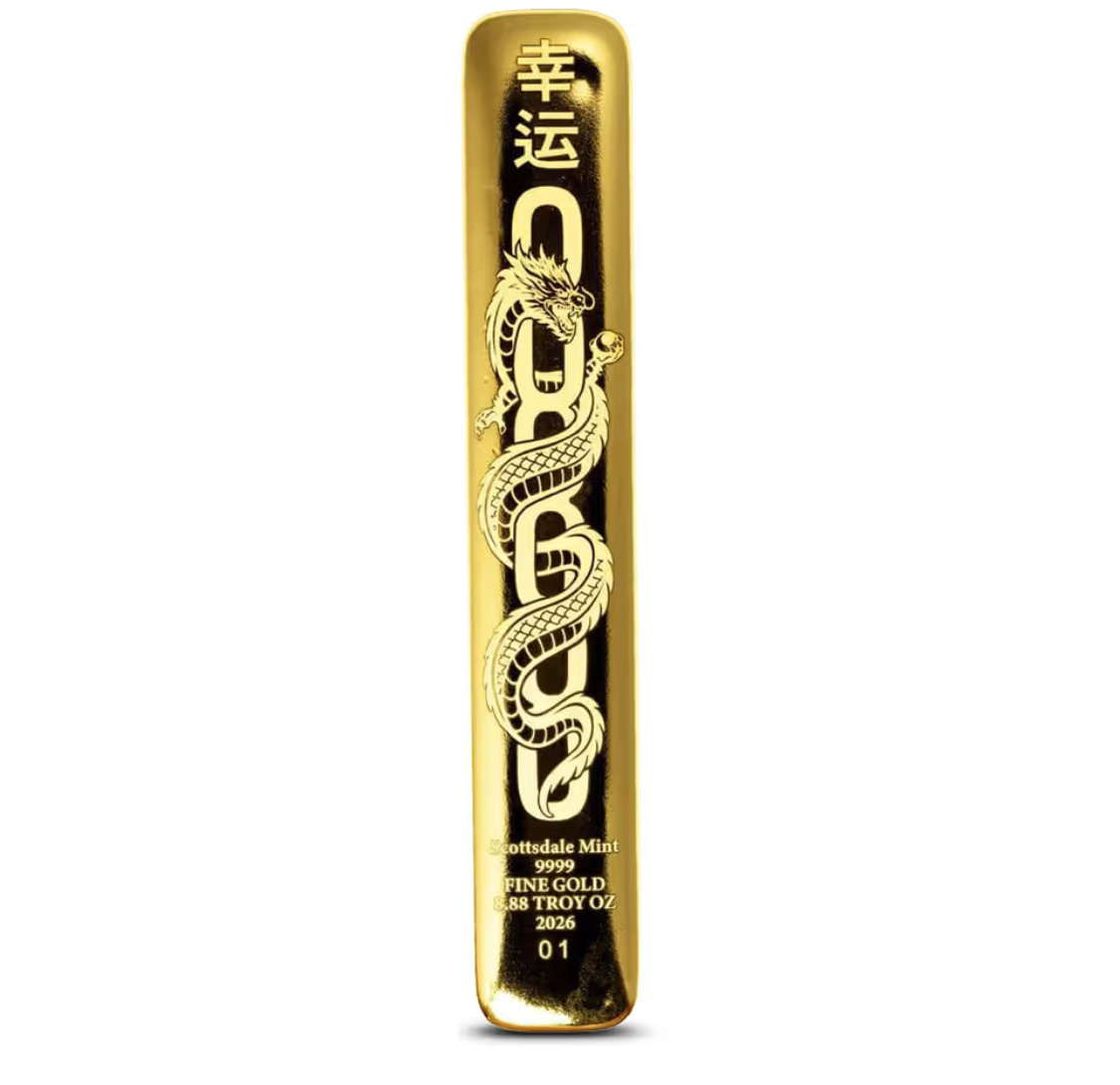 8.88 oz Scottsdale Mint Lucky Dragon Gold Bar (New)